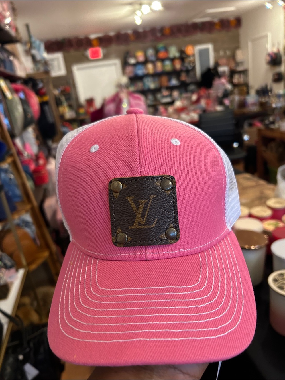 Up-cycle Louis Vuitton Pink and White Mesh Logo Patch Trucker Hat